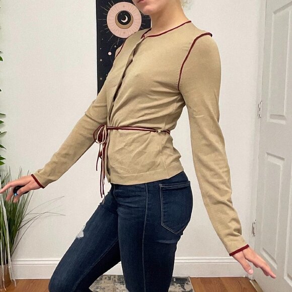 White + Warren Crew Neck Button-Up Cardigan Sweater Tie-Waist Size S Tan - Picture 7 of 15